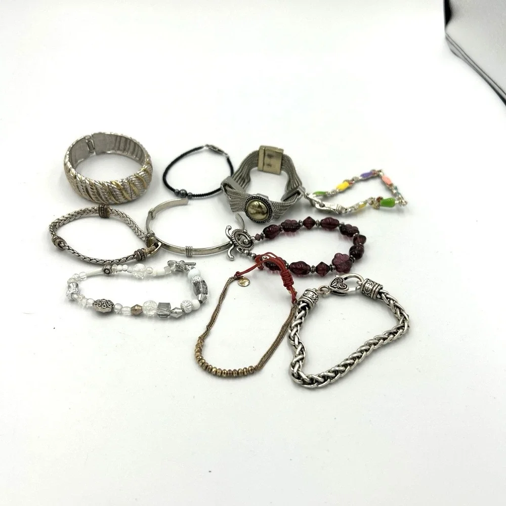 Lot of 10 bracelets Chain stretch Beaded Silver tone Several Vintage - Picture 2 of 13